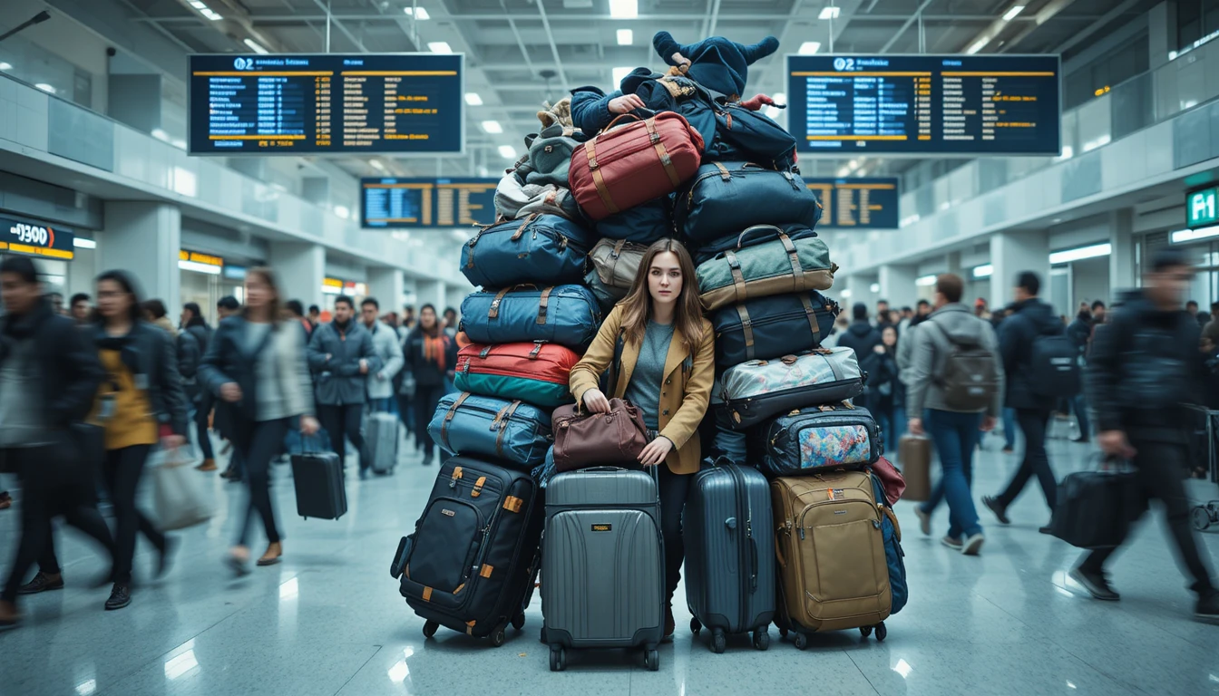 Stressed family juggling luggage in a crowded airport terminal