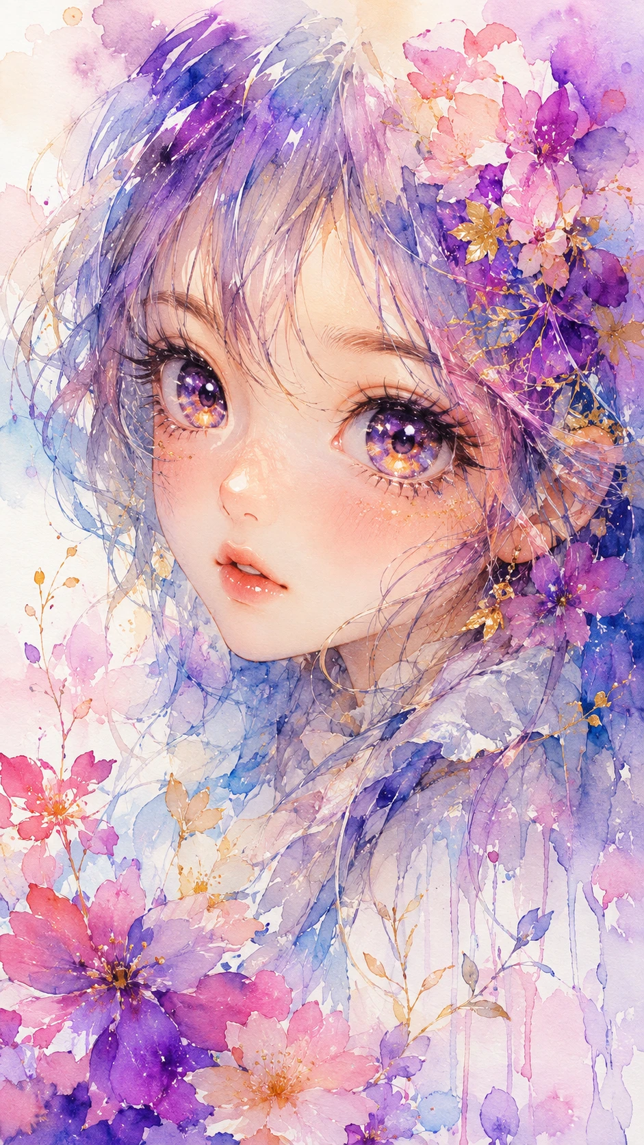 Fille d’anime éthérée en aquarelle aux yeux lumineux et expressifs