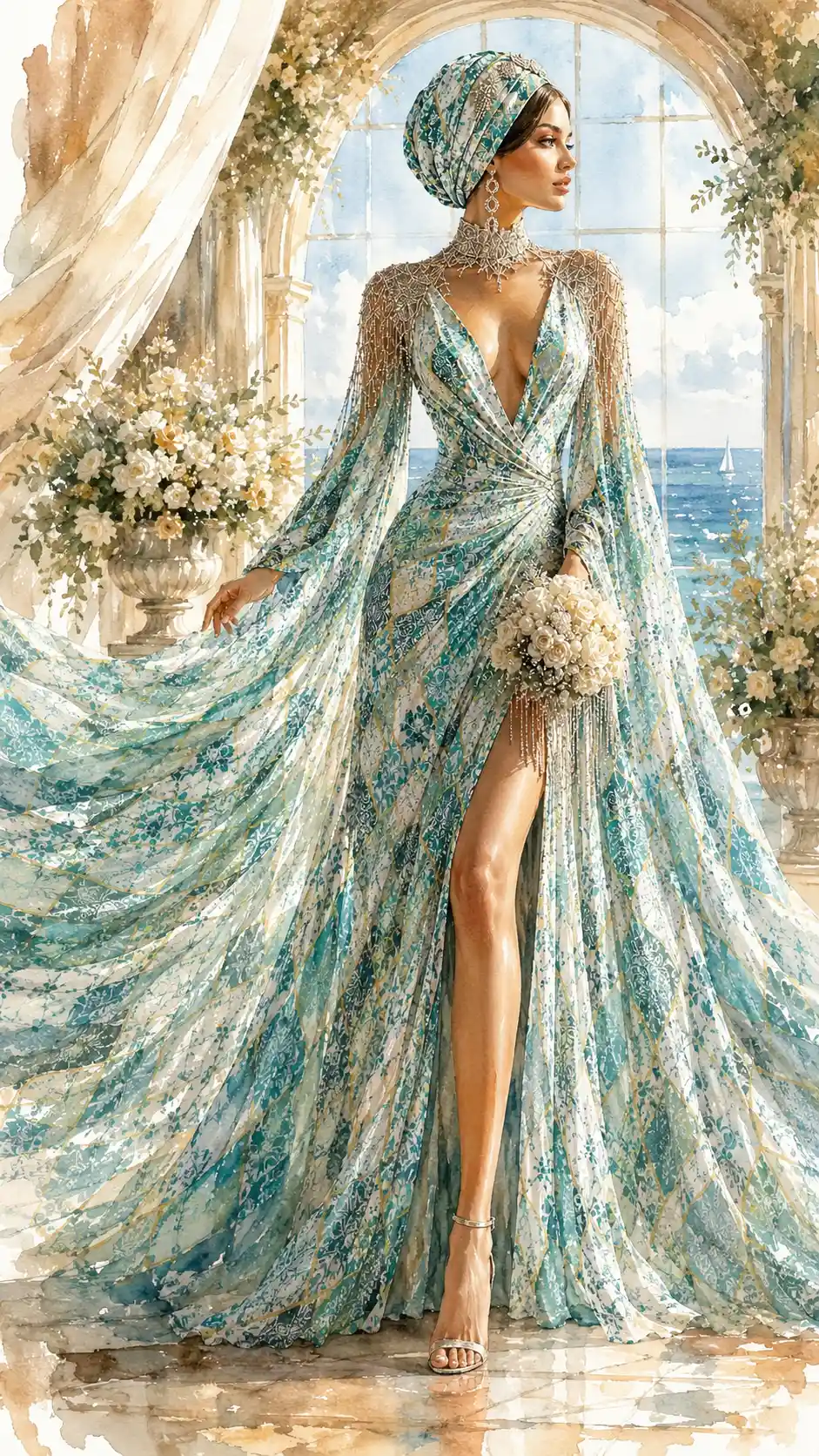 Elegante Frau im türkisfarbenen Kleid an sonnendurchfluteten Meeresfenstern