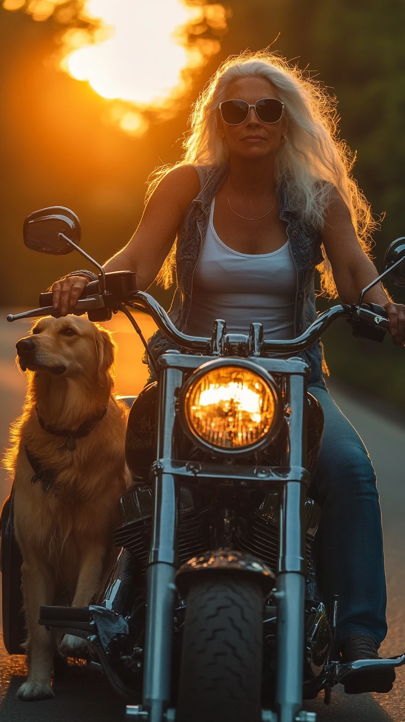 Mulher pilotando moto com cachorro no sidecar ao pôr do sol