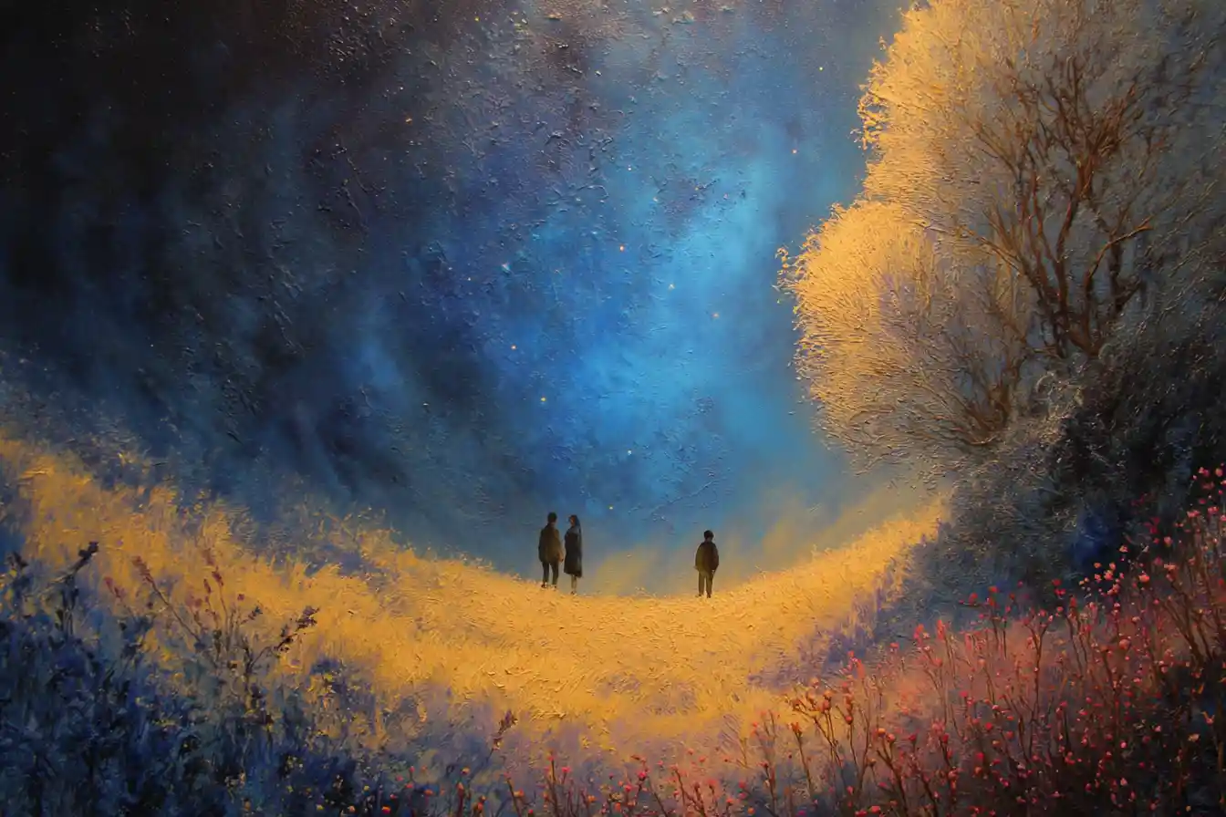 Hopeful abstract heartscape in rich indigo and golden hues