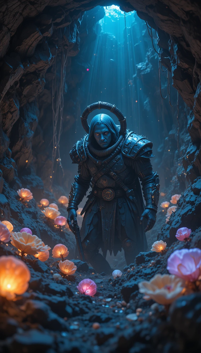 Colossal fossil covered stone knight in glowing cave