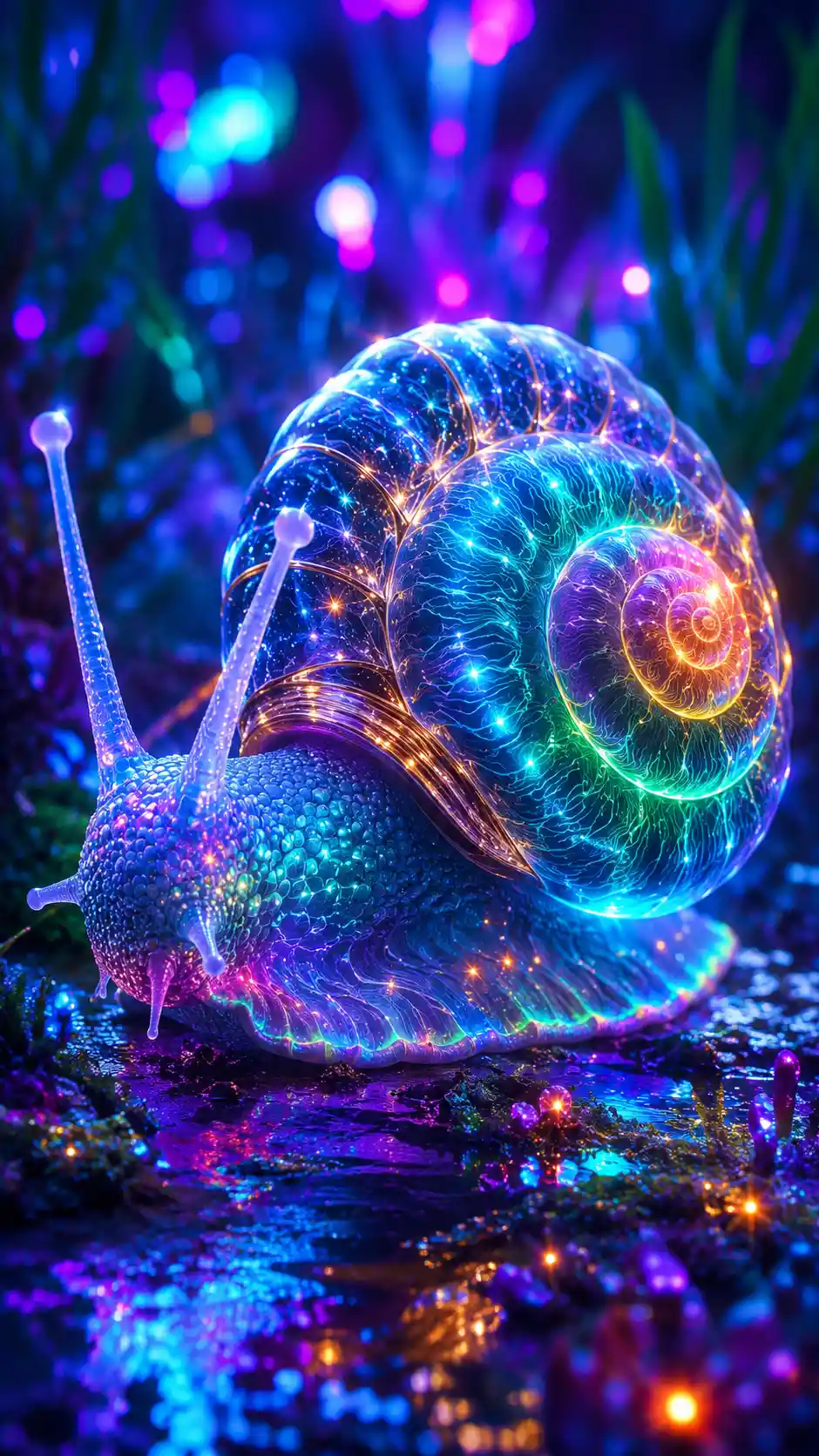 Spectacular neon snail in vibrant full body close up view