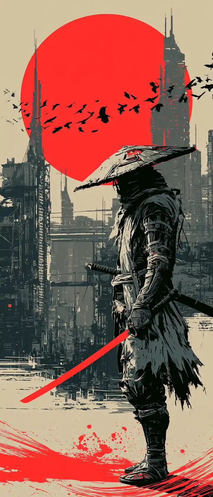 Cyberpunk ronin with glowing katana in dystopian skyline