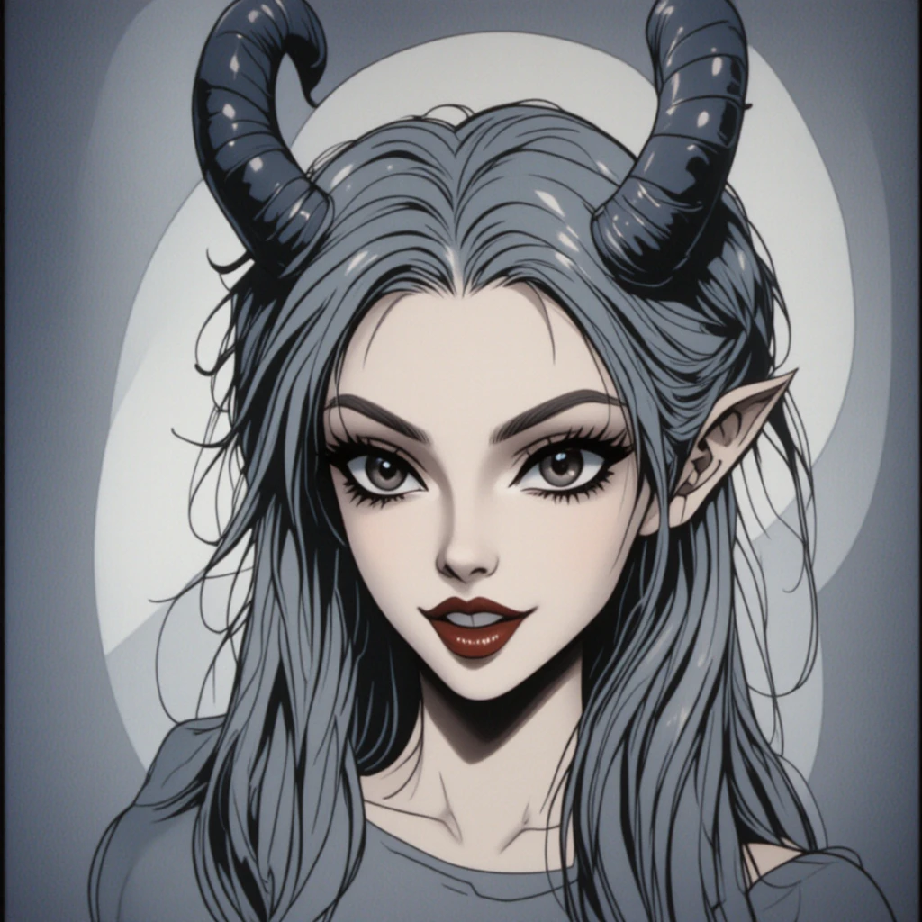 Minimalistische Line-Art von Tiefling-Augen und geschwungenen Hörnern