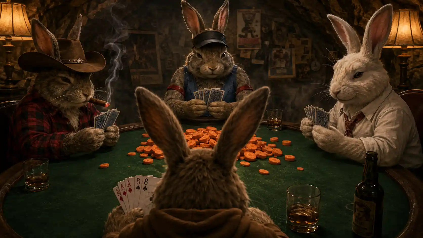 Cartoon rabbits playing poker at a smoky underground table