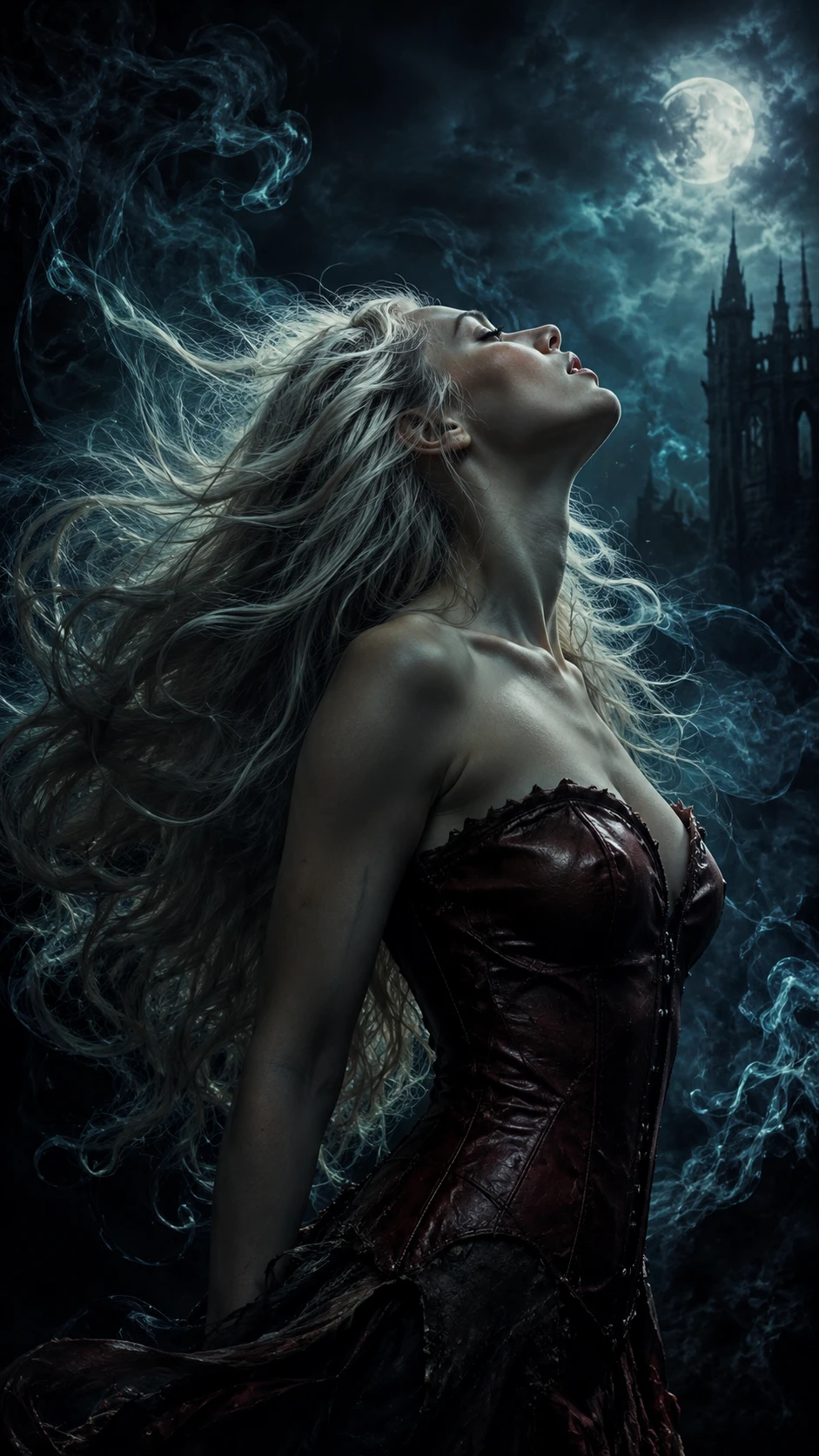 Donna fantasy al chiaro di luna di profilo con capelli platinati fluenti