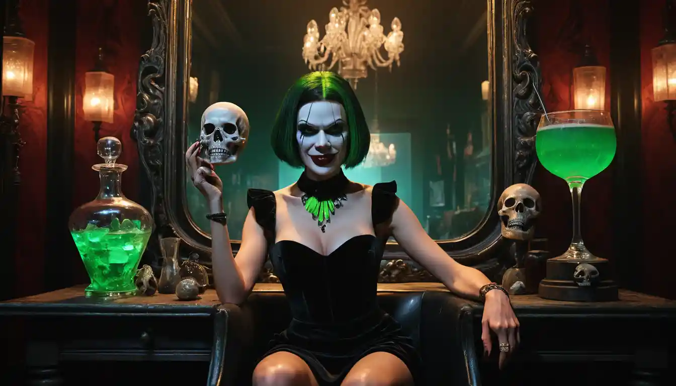 Darkly comic woman pouring neon cocktail in surreal bar
