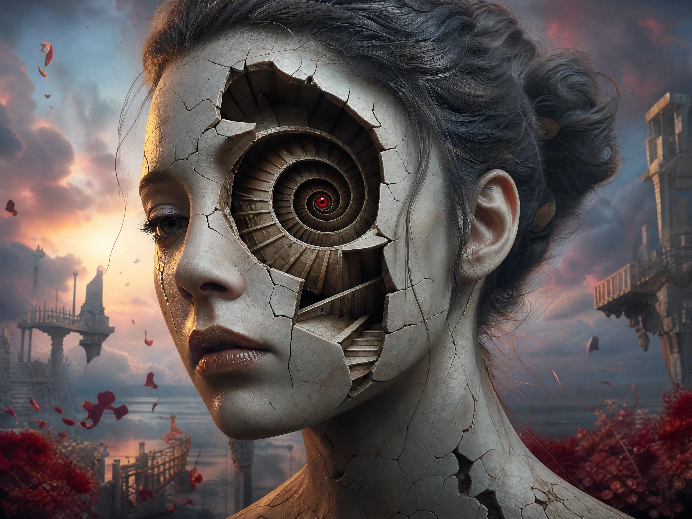 Retrato 3D surreal de uma mulher de porcelana rachada