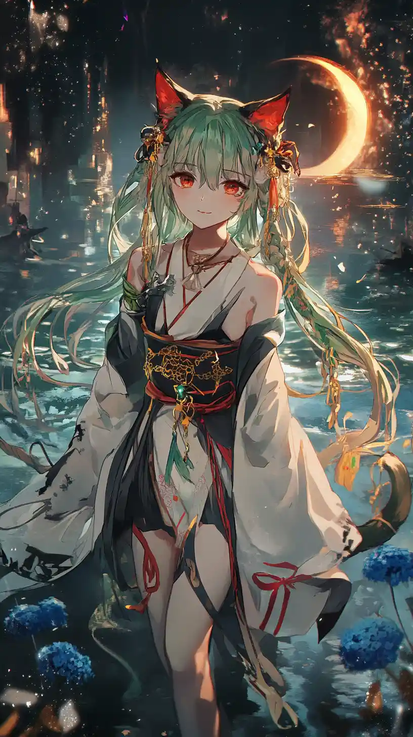 Anime girl with green hair in ornate fantasy outfit