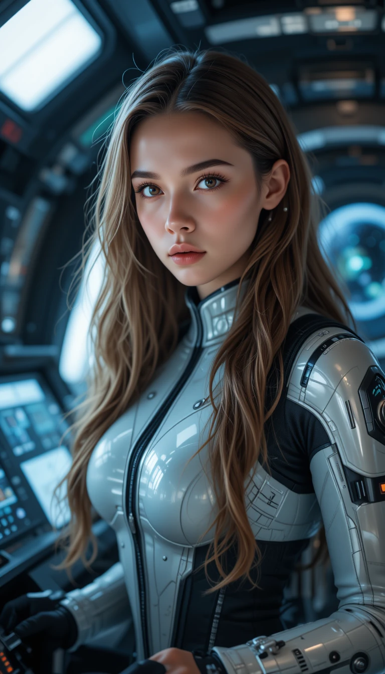 Entschlossene Frau steuert ein Raumschiff in einem futuristischen Cockpit