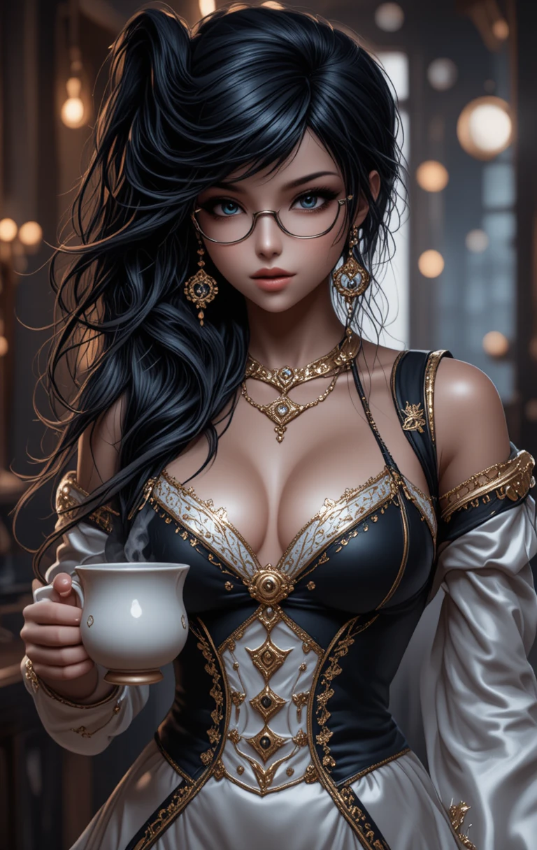 Glamorous steamboat captain with black hair and coffee mug
