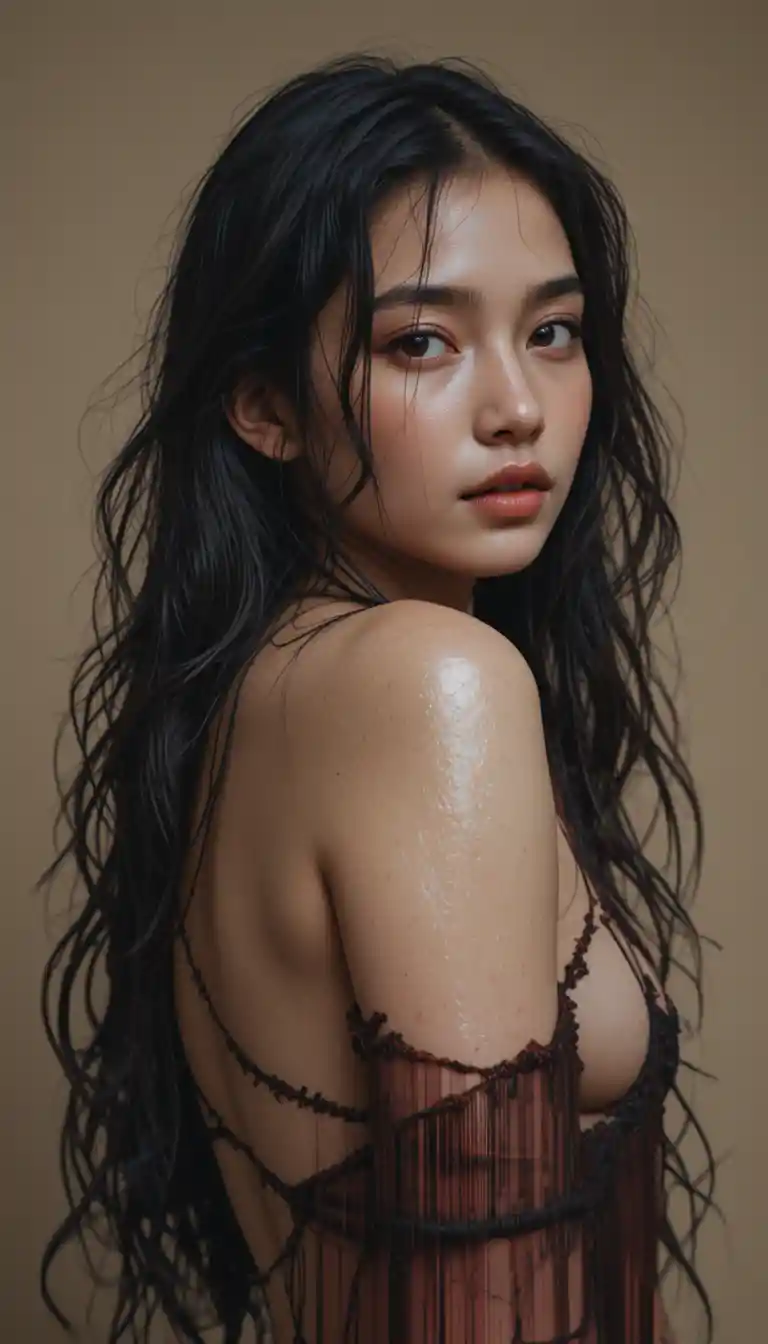 Intimate wet haired girl portrait with soft warm light