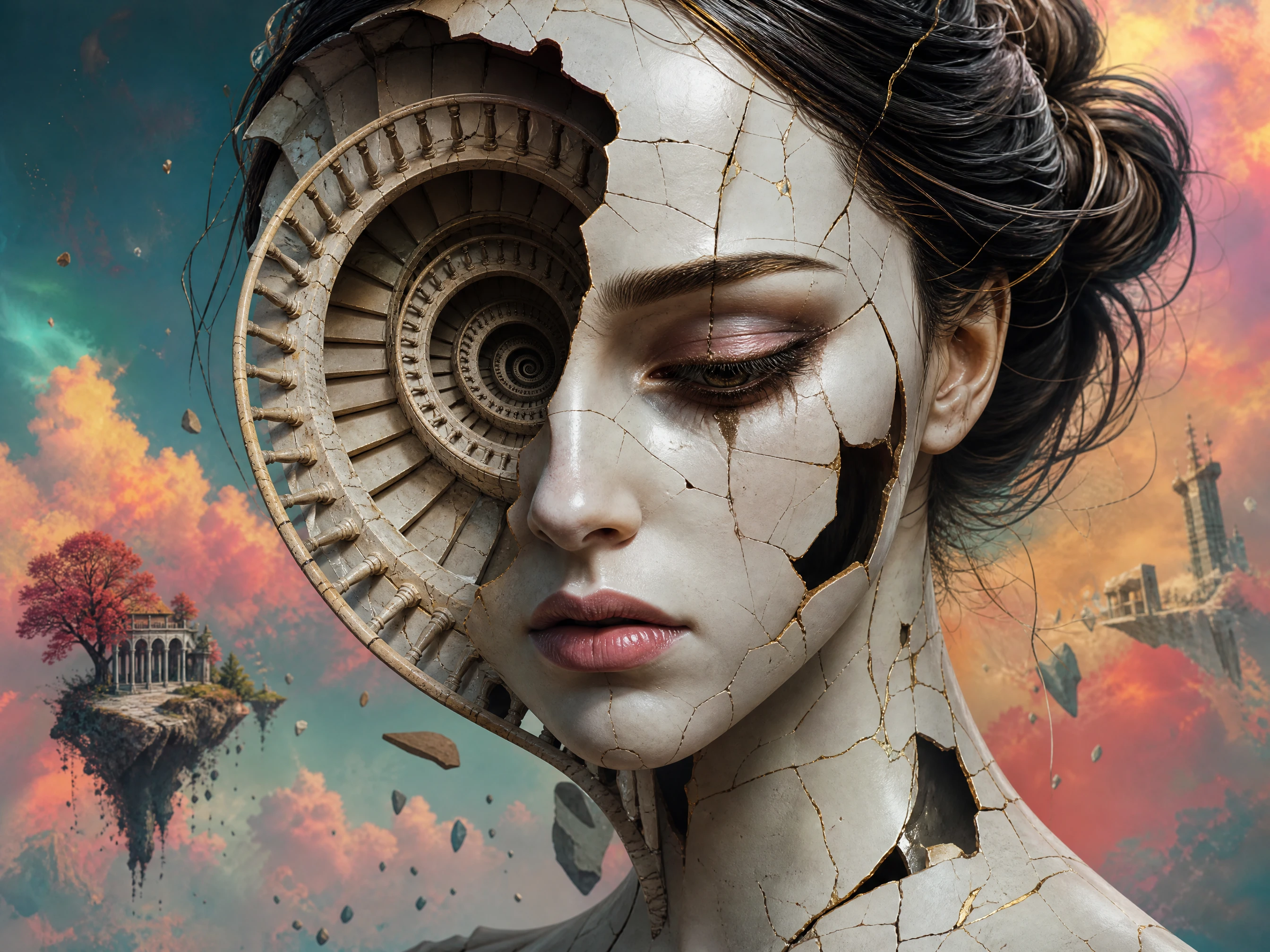 Retrato 3D surreal de uma mulher com rosto de porcelana rachada