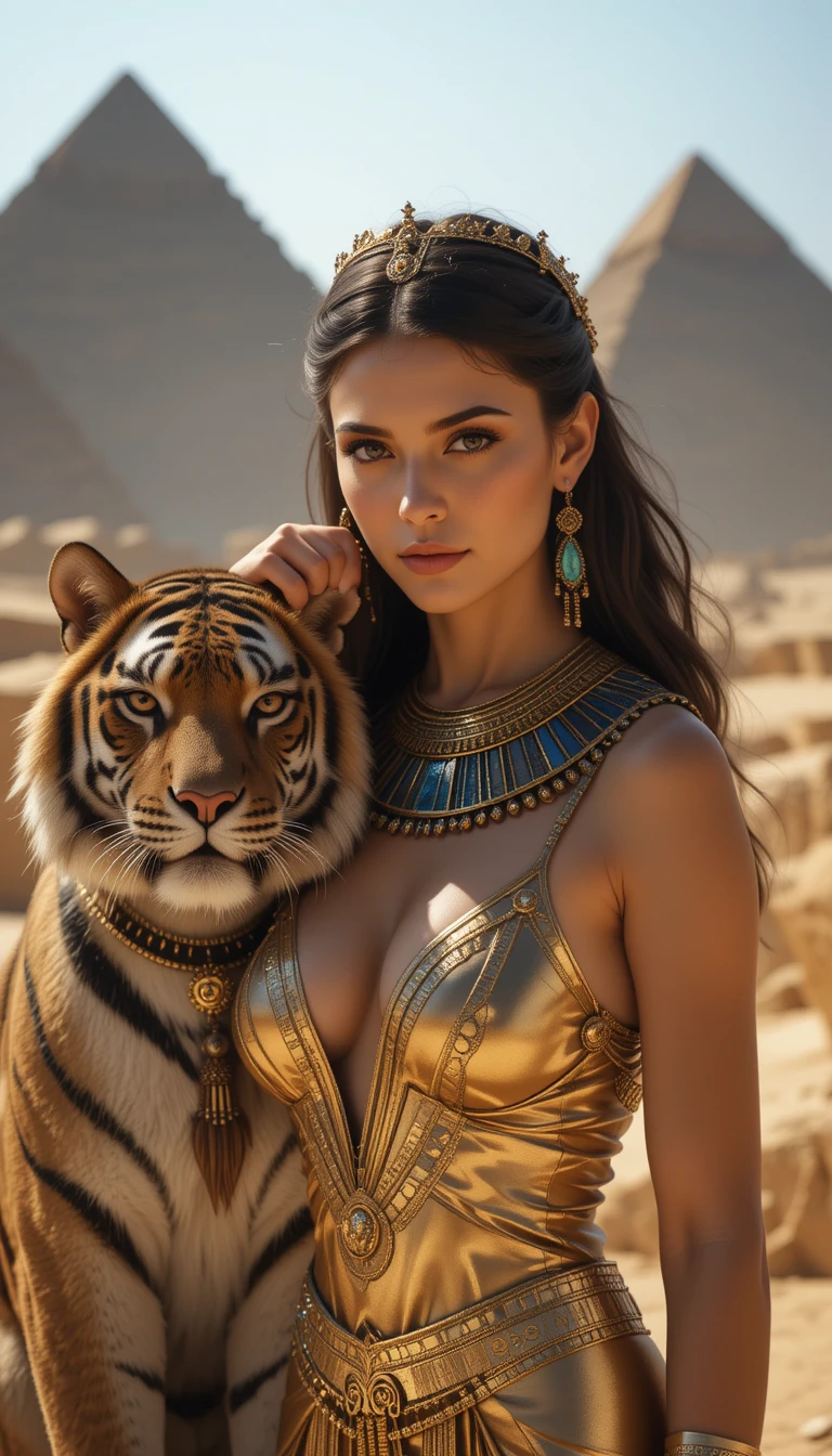 Mulher egípcia com tigre no antigo planalto de Gizé