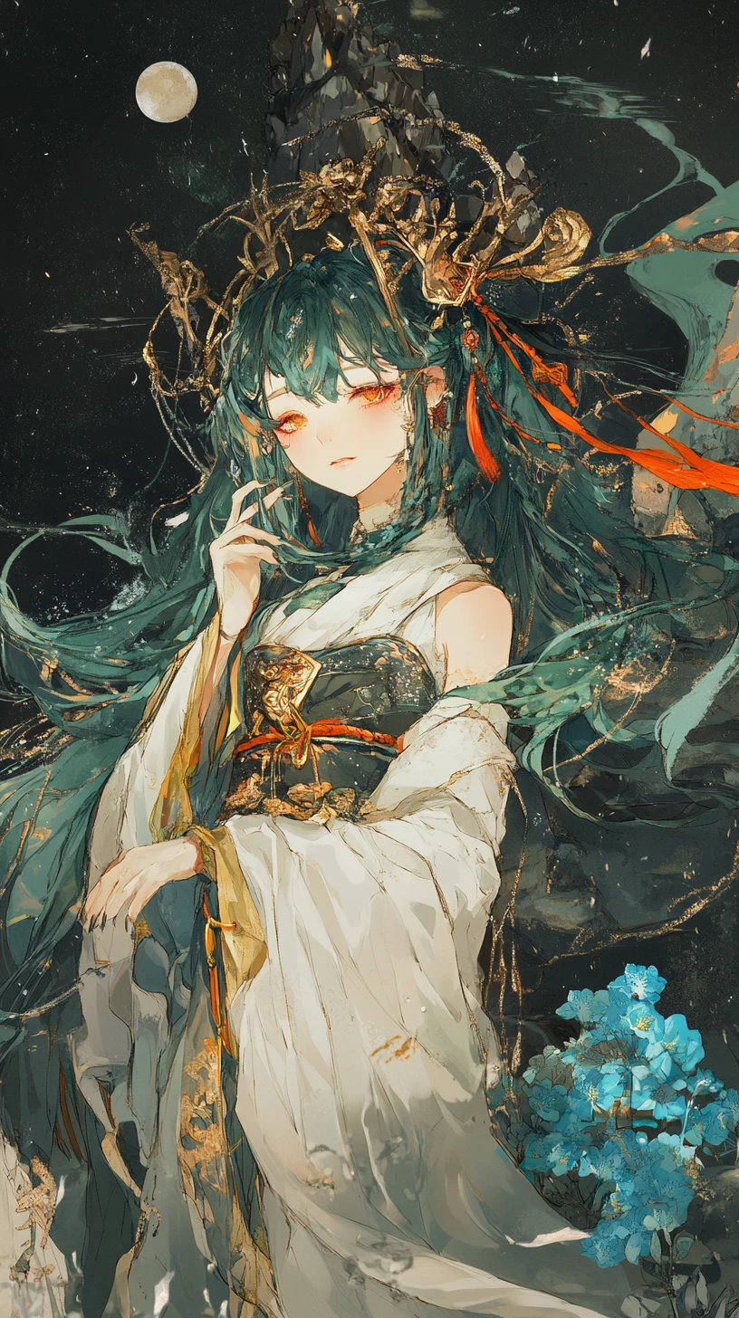 綠色華麗長髮與金色星星點綴的動漫少女