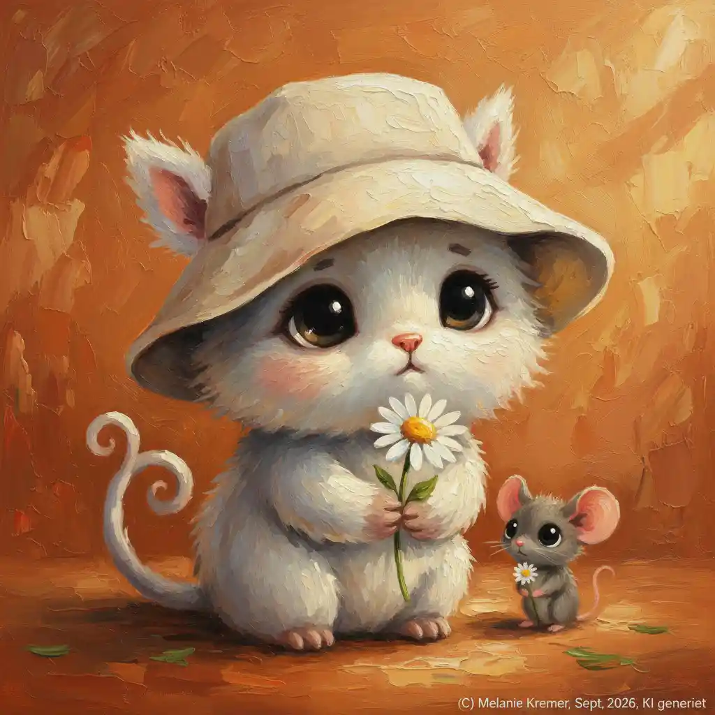 Cute fantasy animal with daisy and mouse in bucket hat