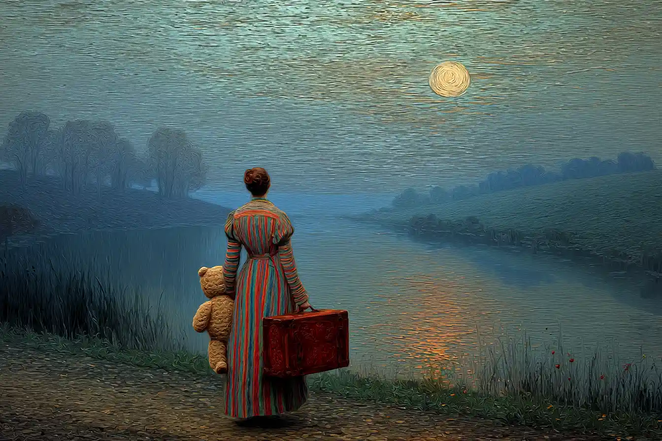 Woman Walking To A Moonlit Pond With Suitcase And Teddy Bear