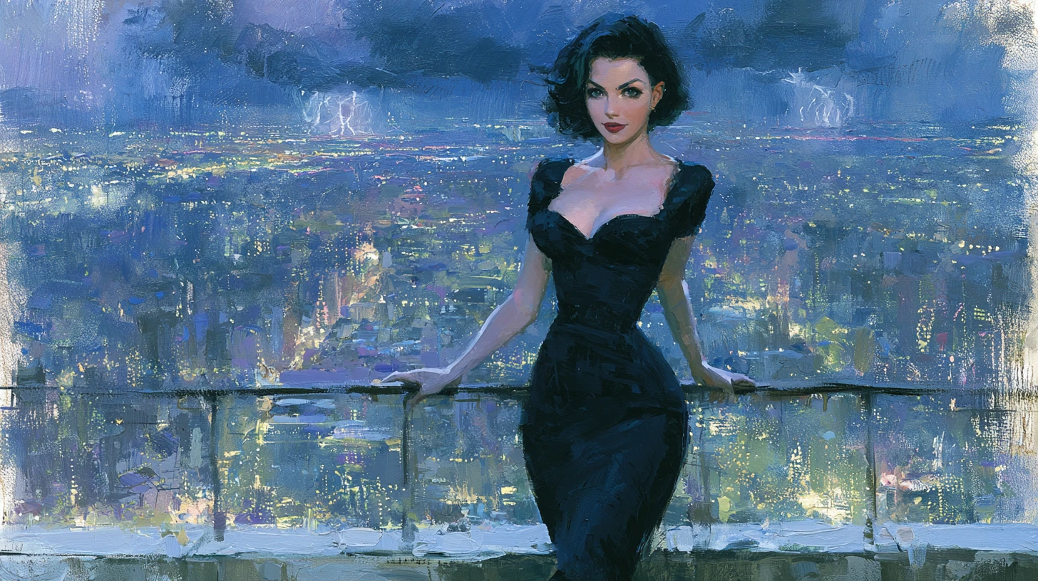 Donna elegante sul tetto sopra una città notturna tempestosa