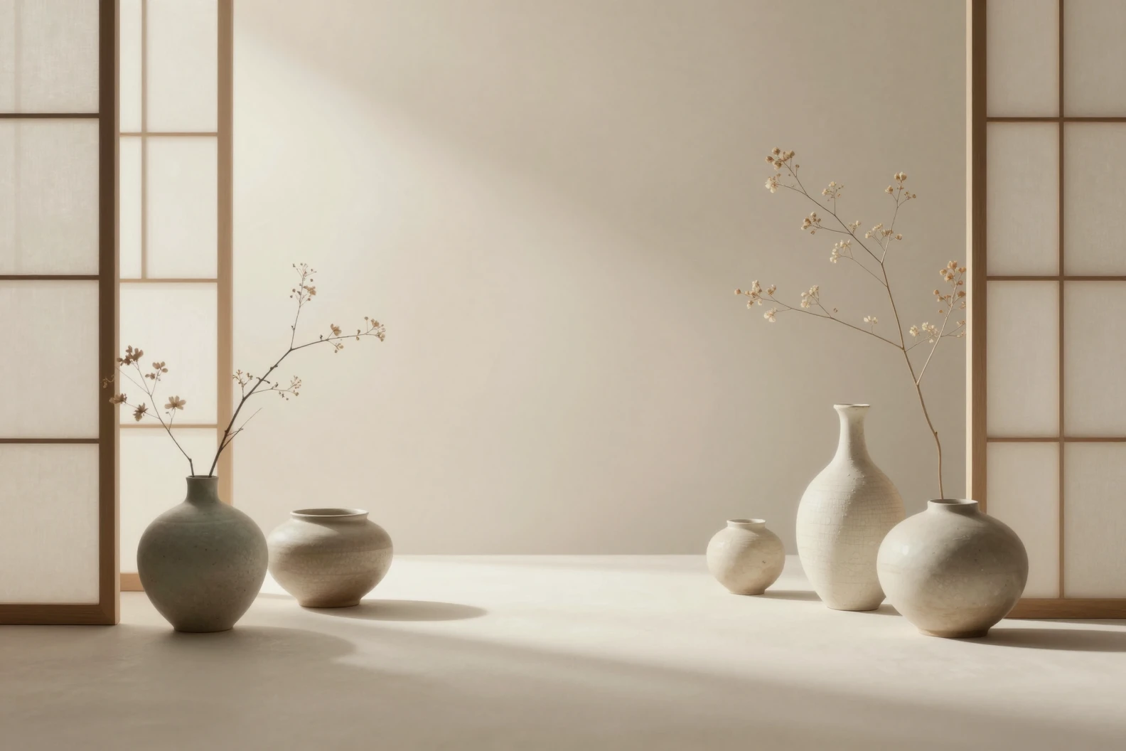 Serene Japandi Interior With Ceramic Vessels And Soft Light