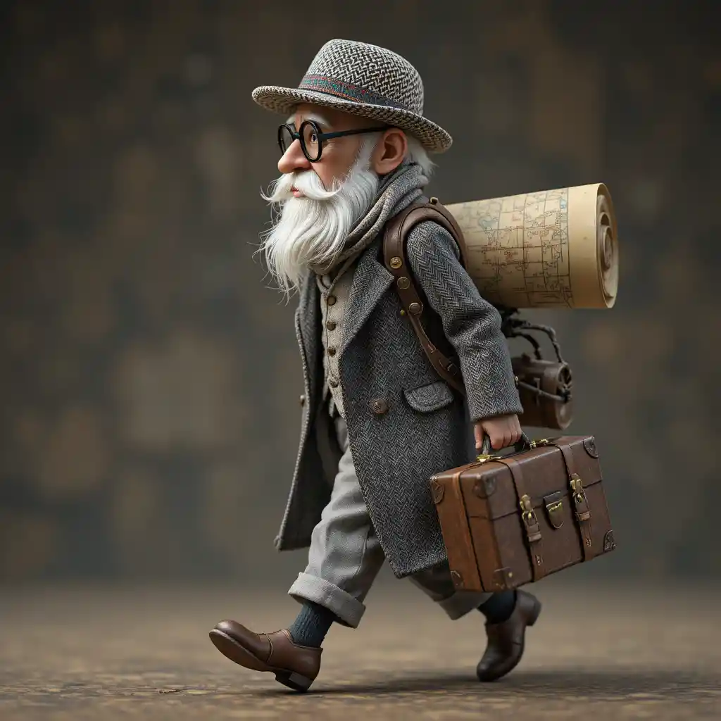 Whimsical elderly explorer with suitcase and giant map
