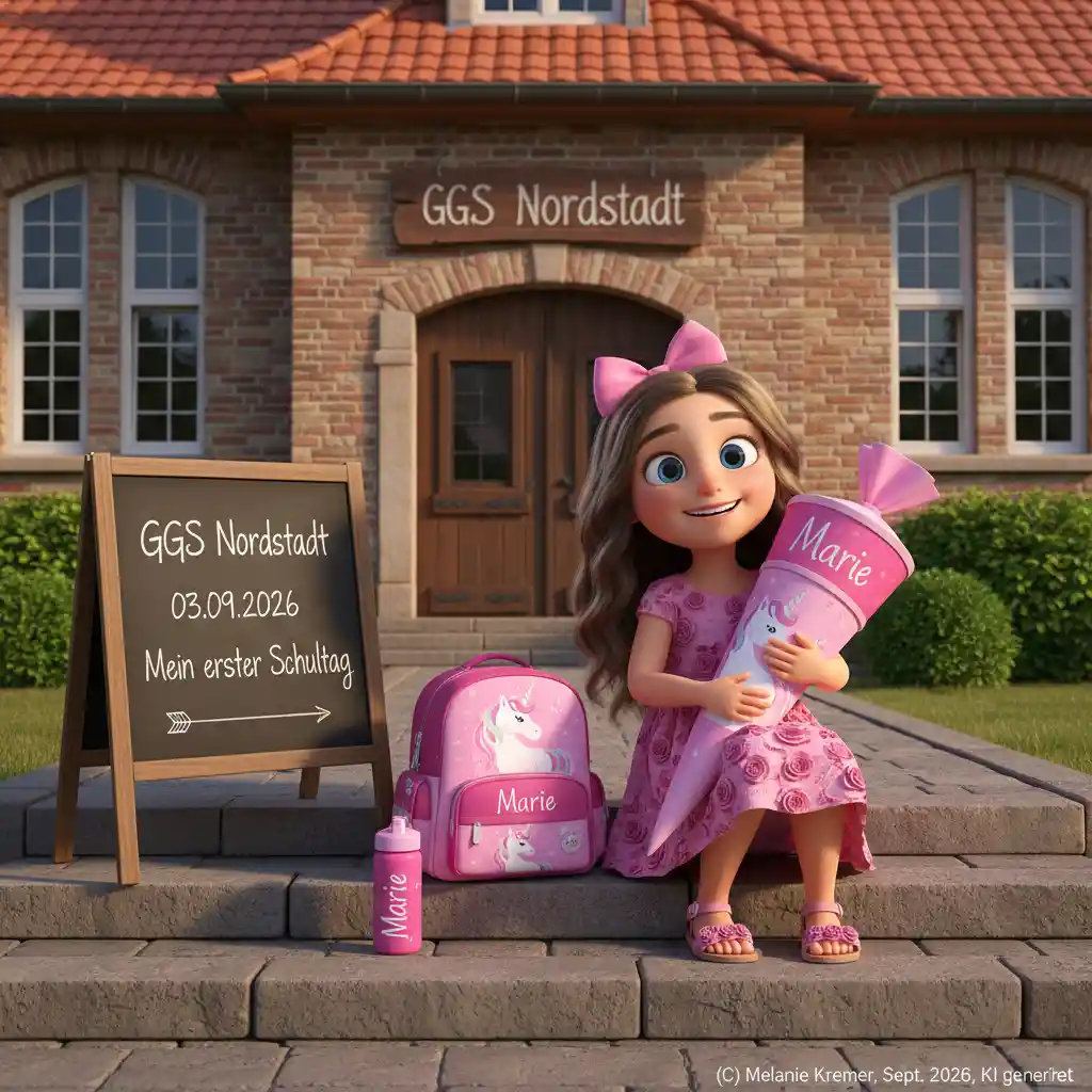 Smiling girl with pink school cone at German school steps
