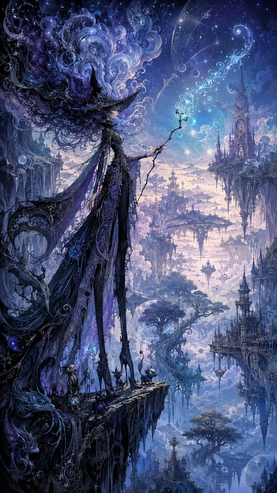 漂浮夢境世界之上的超現實懸崖上，高挑女巫俯視一切