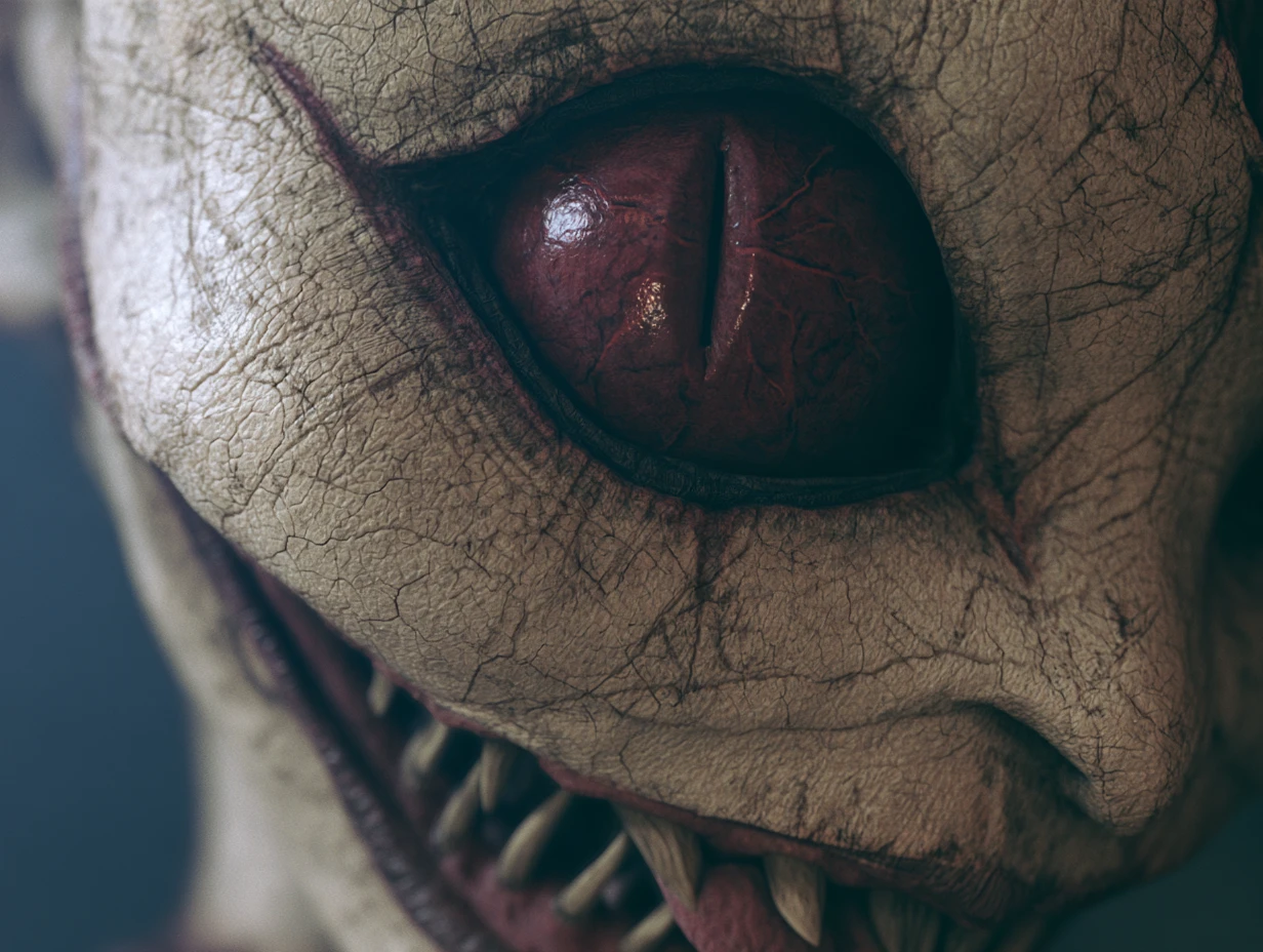 Rosto surreal de mulher demônio com olhos monstruosos e desalinhados