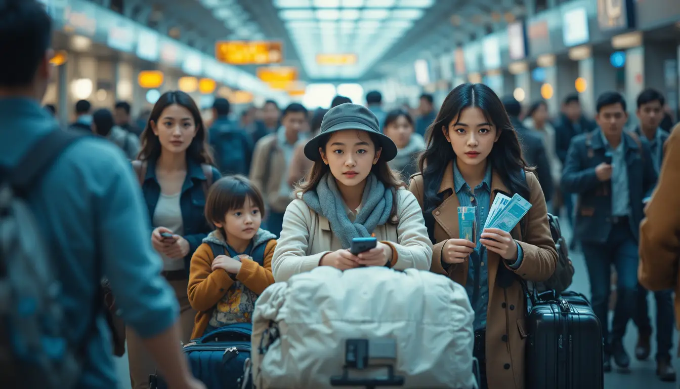 Stressed family navigating heavy luggage through busy airport