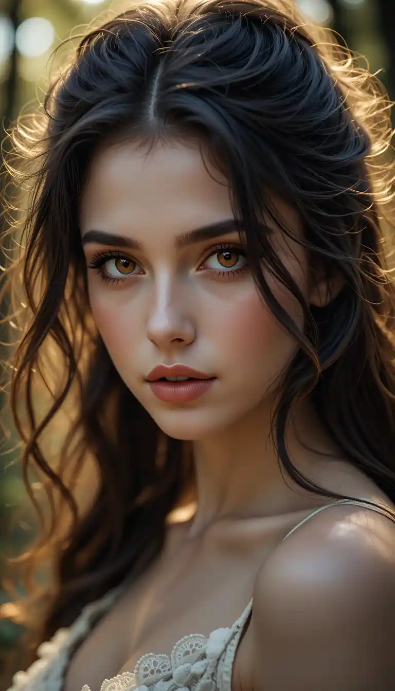 Young woman portrait in soft golden forest light