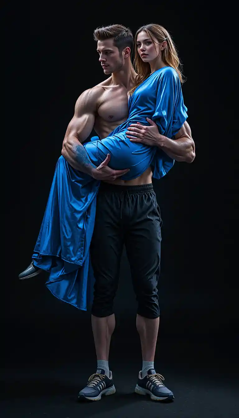 Muscular man carrying woman in blue dress against black