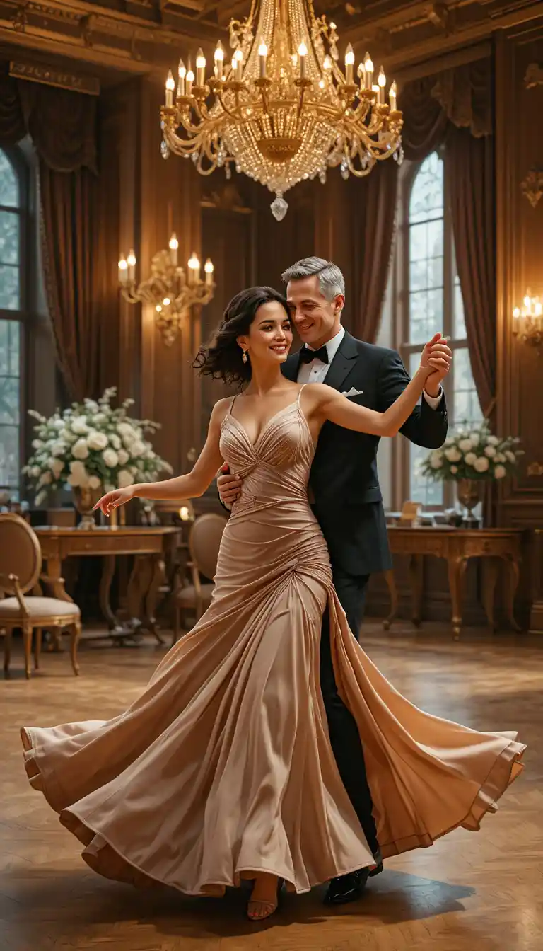 Elegant couple dancing a waltz in a grand ballroom