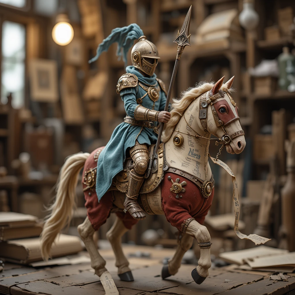 Escultura artesanal de cavaleiro de fantasia feita com páginas de livros recicladas