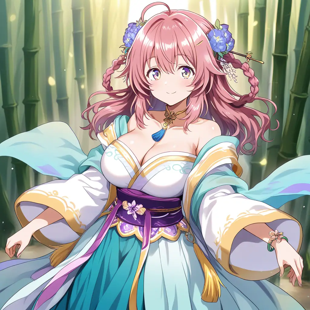 白い漢服とアクアグラデーションスカートのアニメ少女