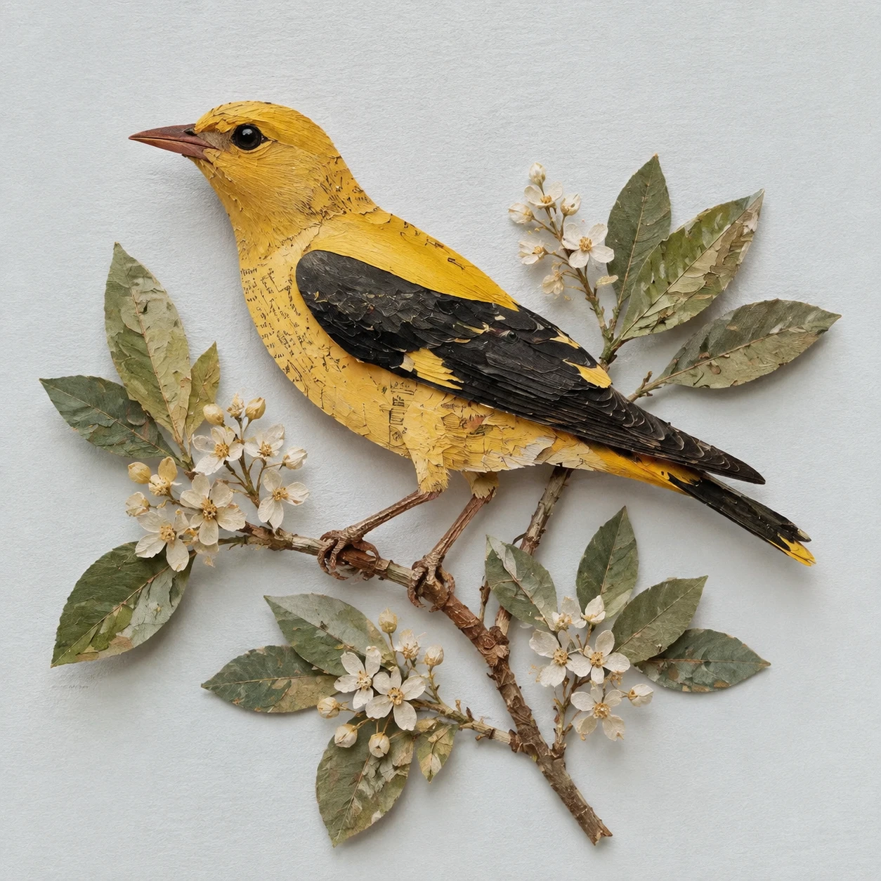 European golden oriole on flowering laurel branch collage