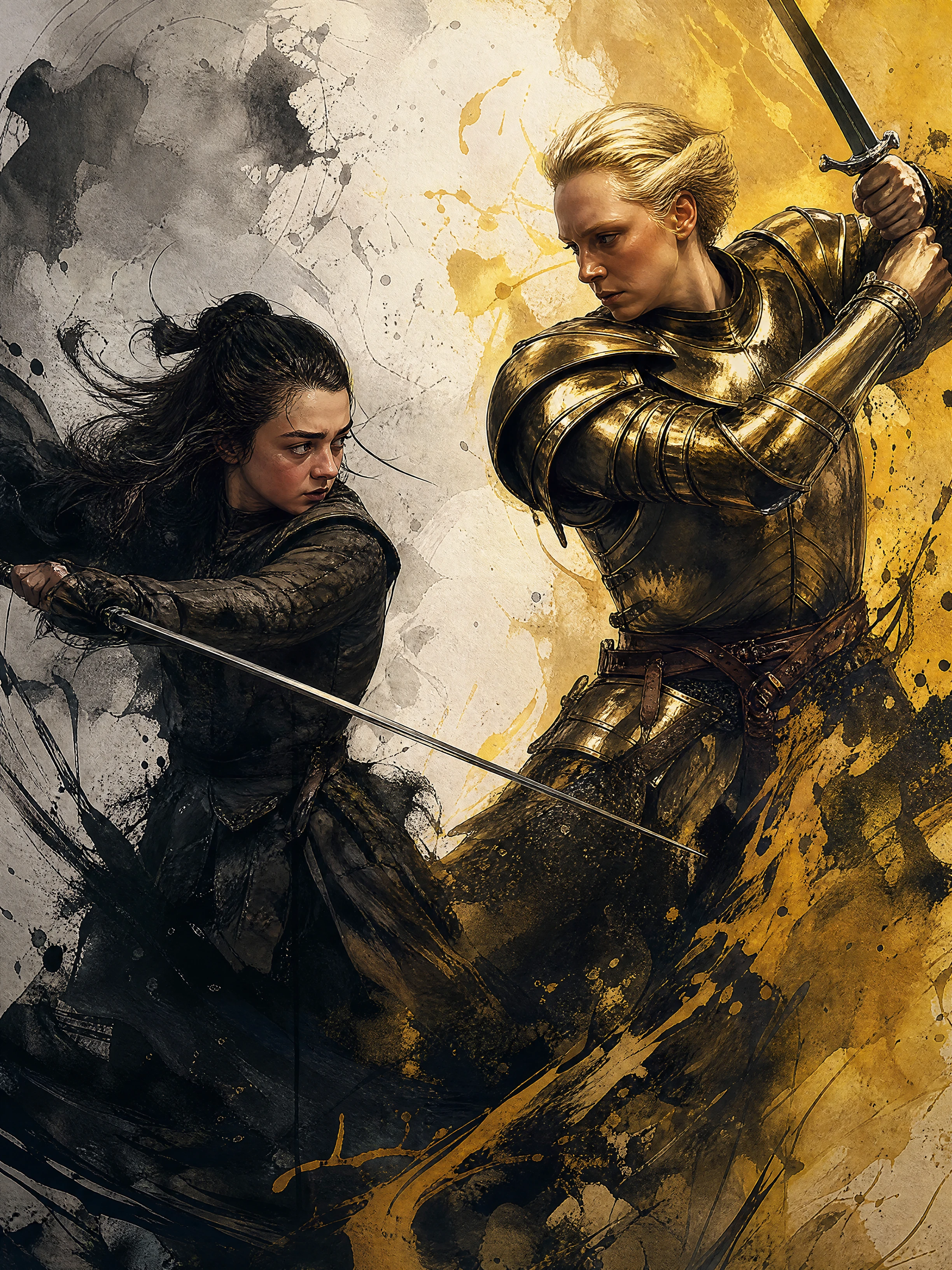 Duelo épico entre duas guerreiras em estilo fantasia vibrante