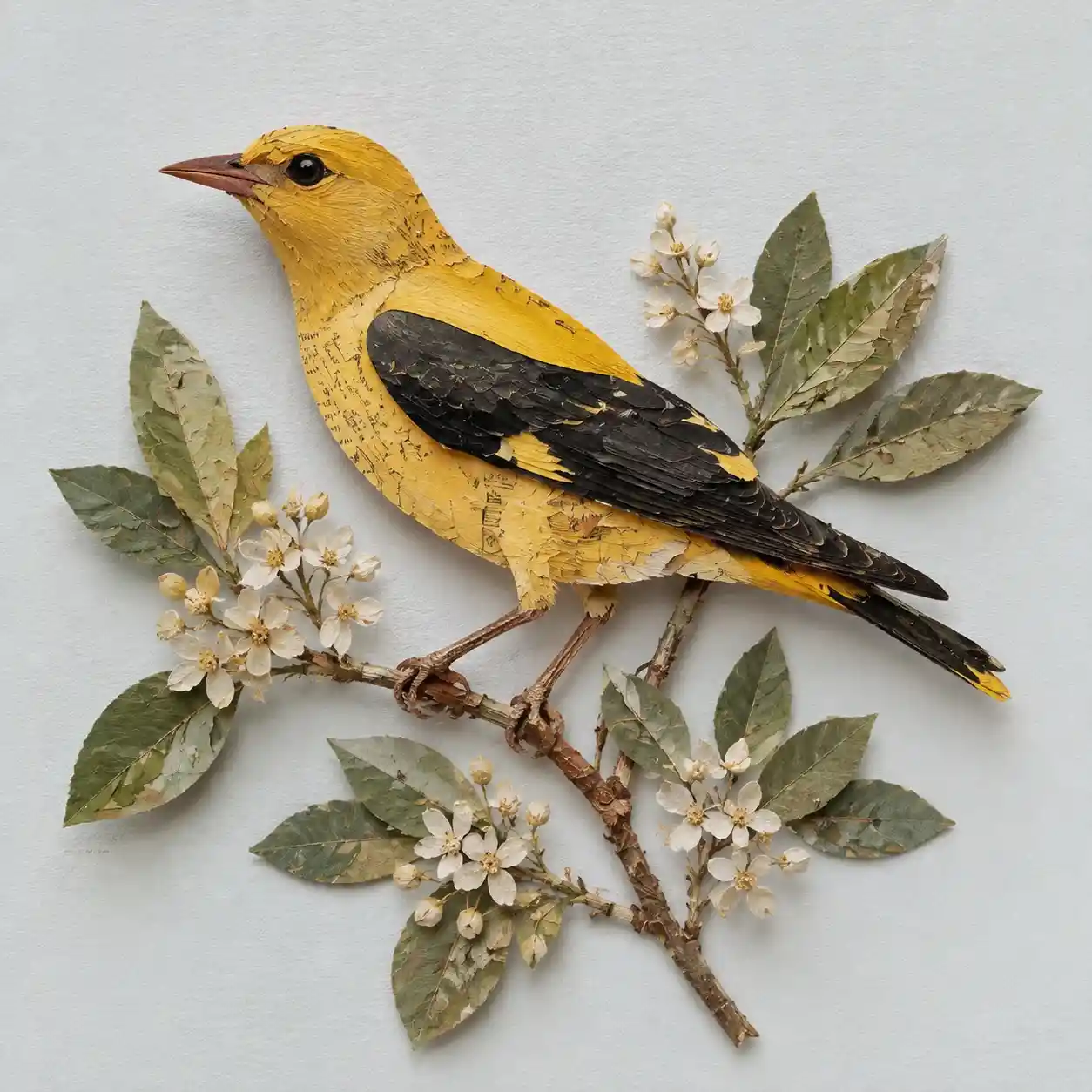 European golden oriole on flowering laurel branch collage