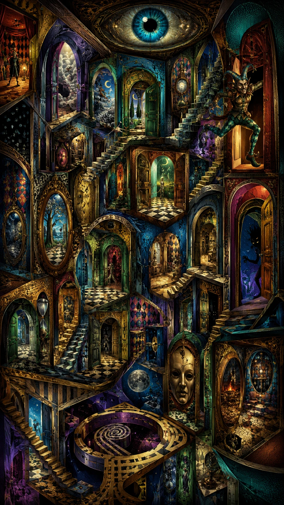 Casa de diversões surreal com escadarias, espelhos e portas impossíveis