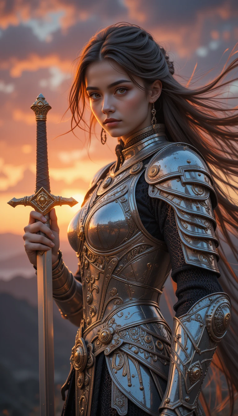 Young female warrior in silver armor at glowing sunset