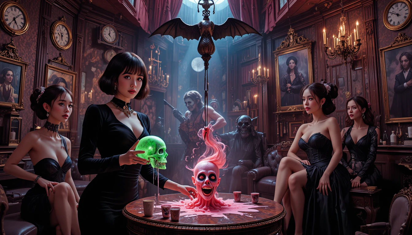 Cena surreal de boate com mulheres em um bar macabro