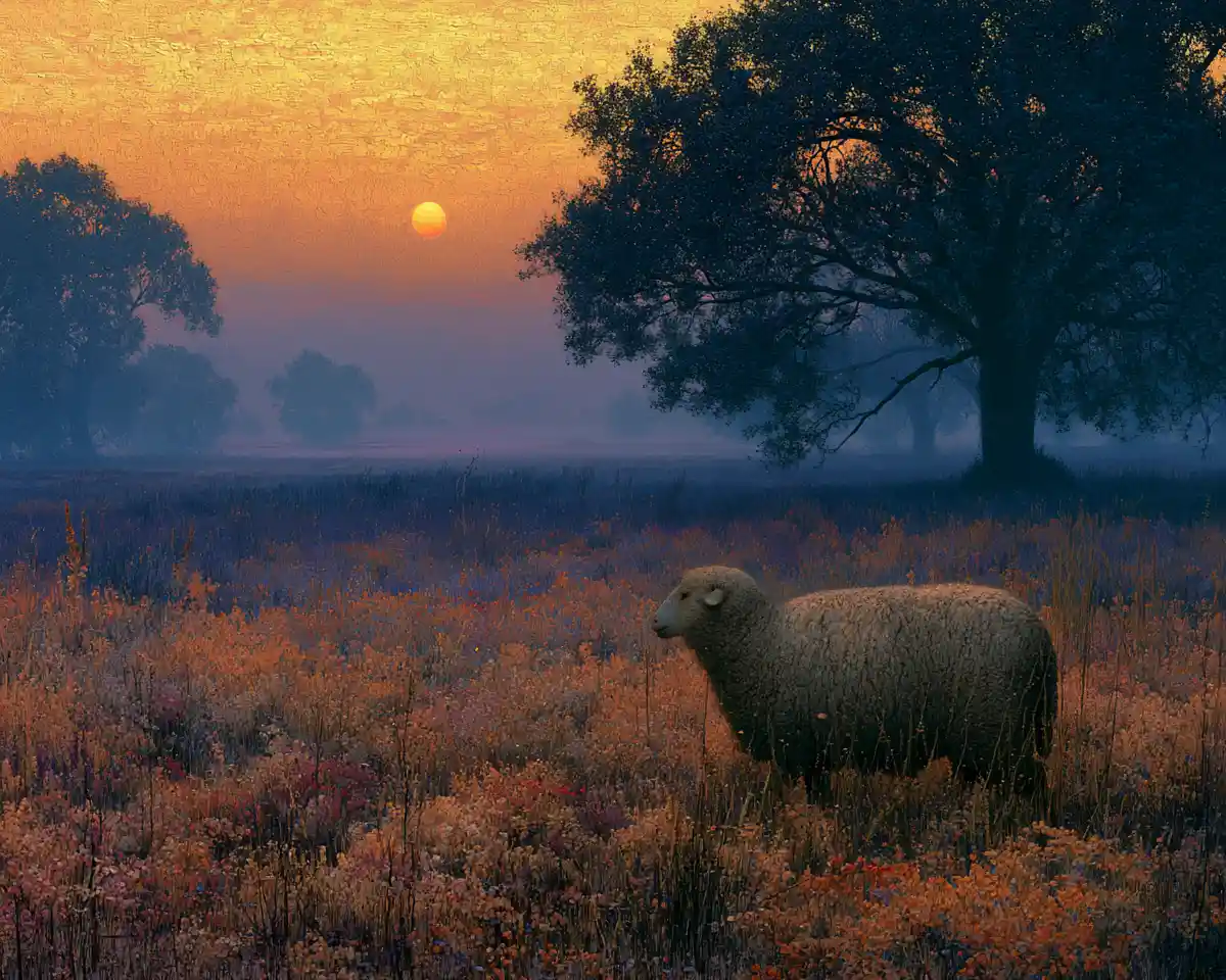 Sheep portrait in a tranquil summer meadow at sunrise