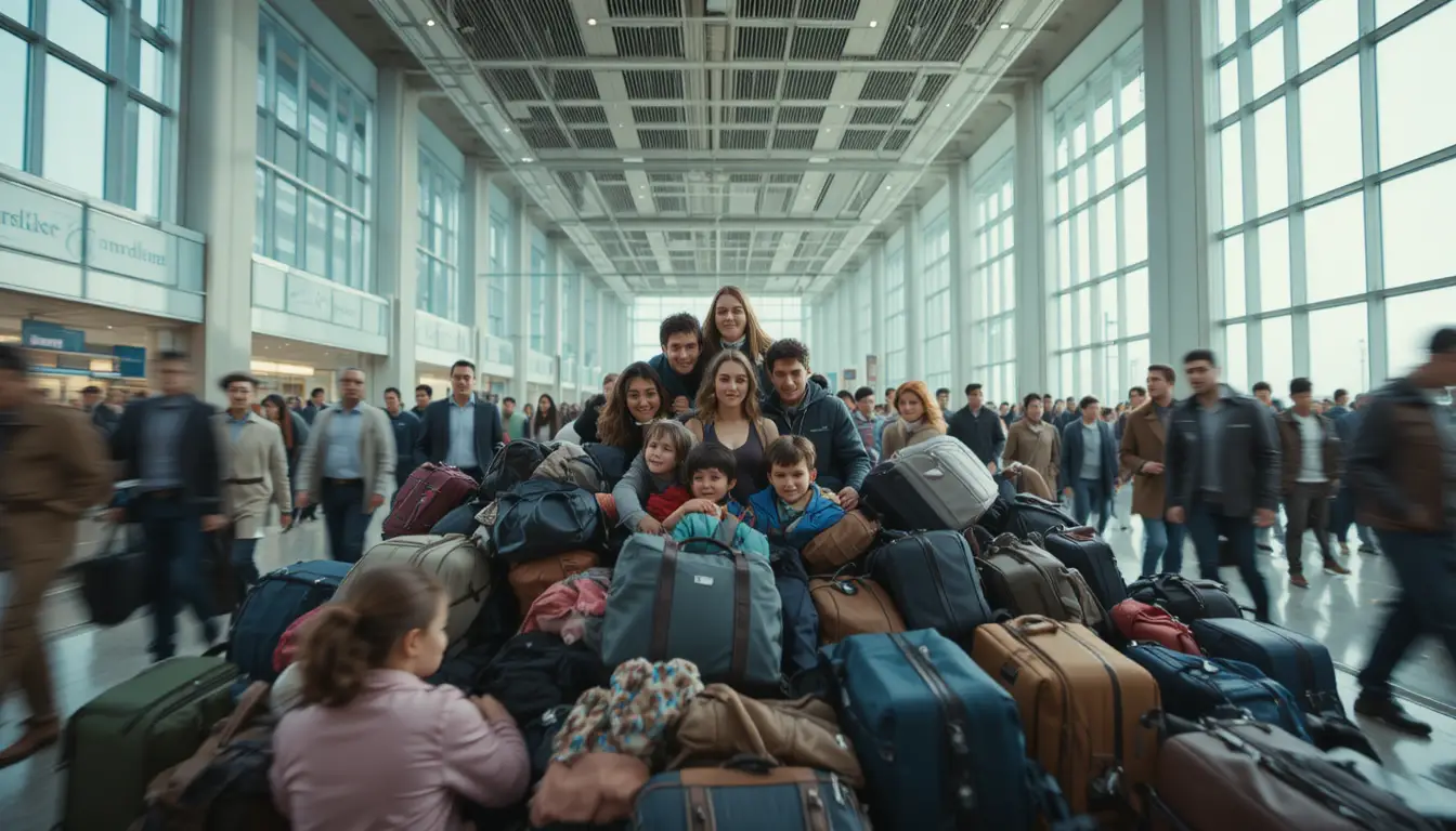 Stressed mother with children in crowded airport terminal