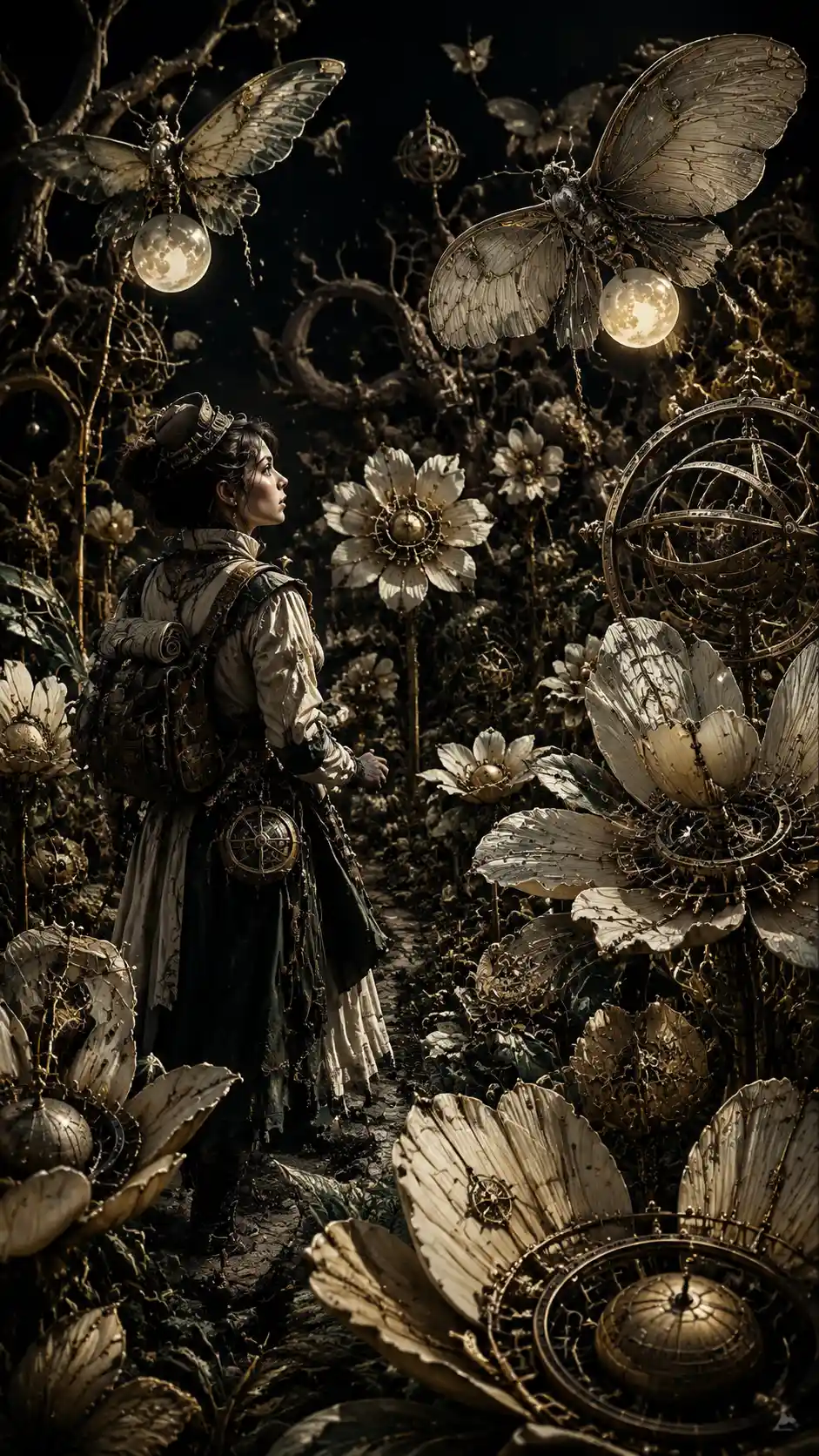 Tiny female explorer in a vast nocturnal clockwork garden