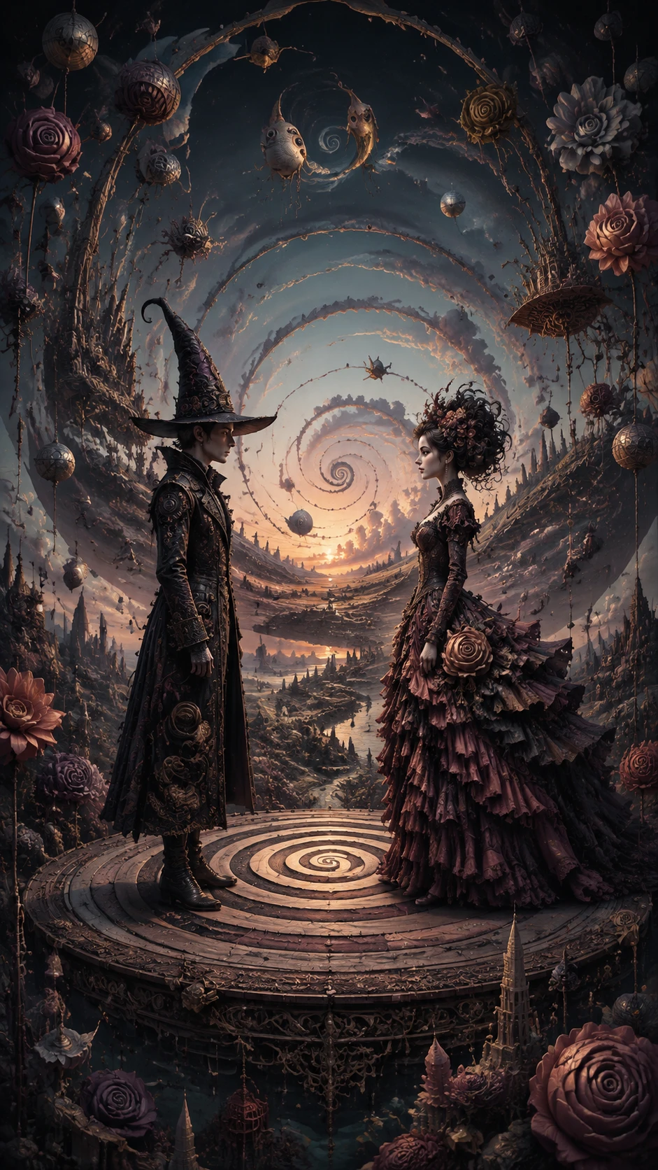 Two dreamlike figures on a vast spiral platform