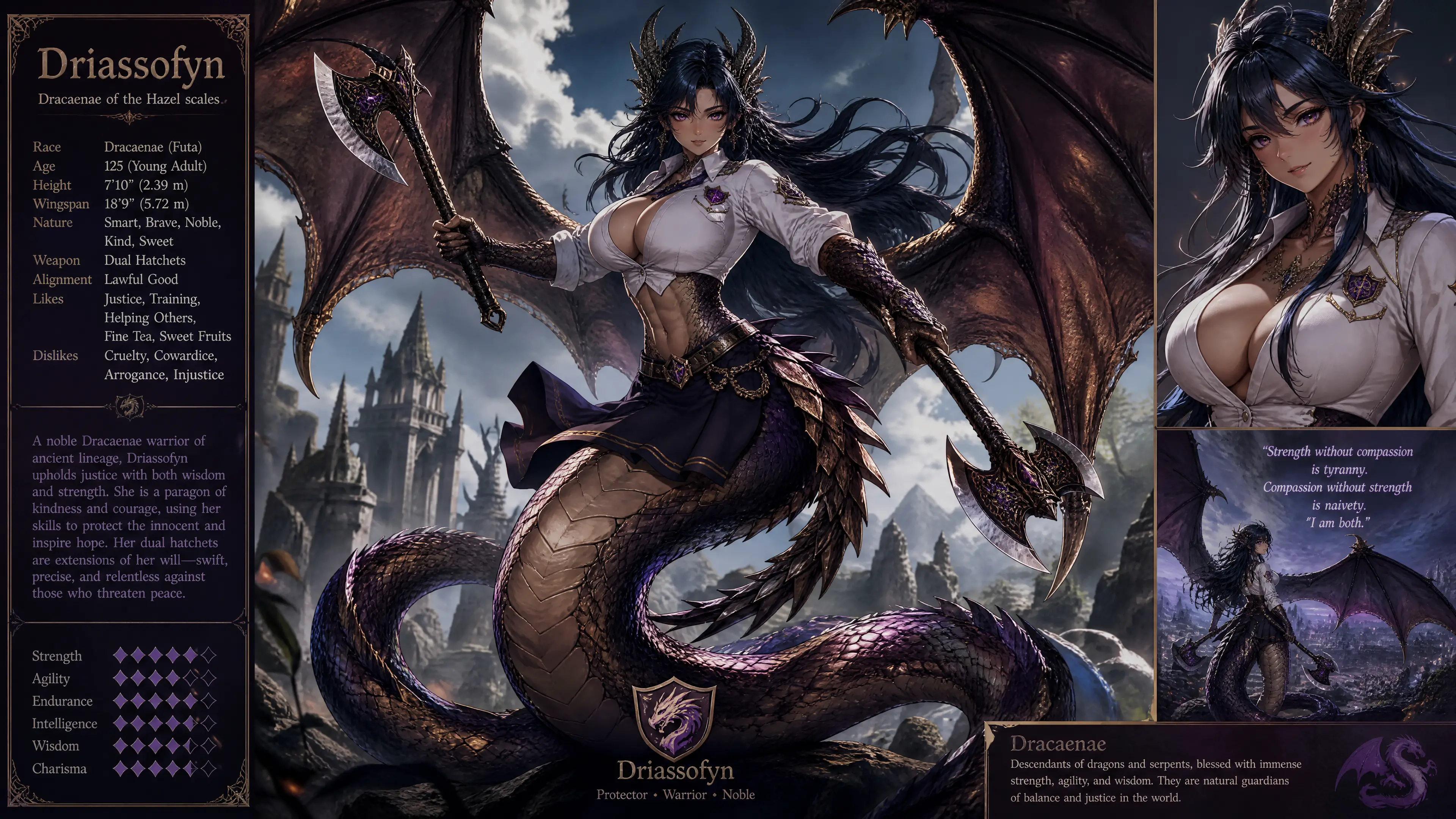 斧を持つ翼のドラゴン女性のファンタジー衣装