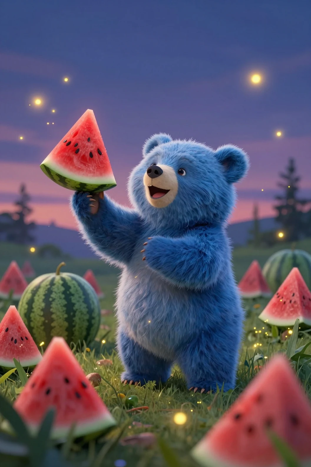 Ourson bleu joyeux dans un champ de pastèques lumineux