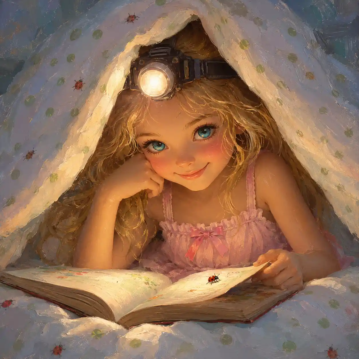 Little girl reading under the covers with flashlight