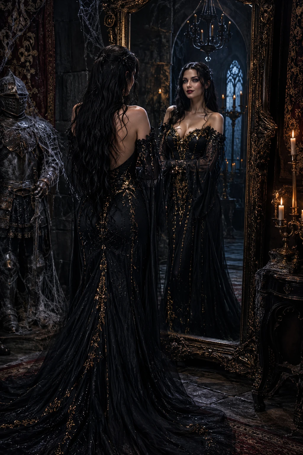 Femme gothique devant un miroir orné dans un château