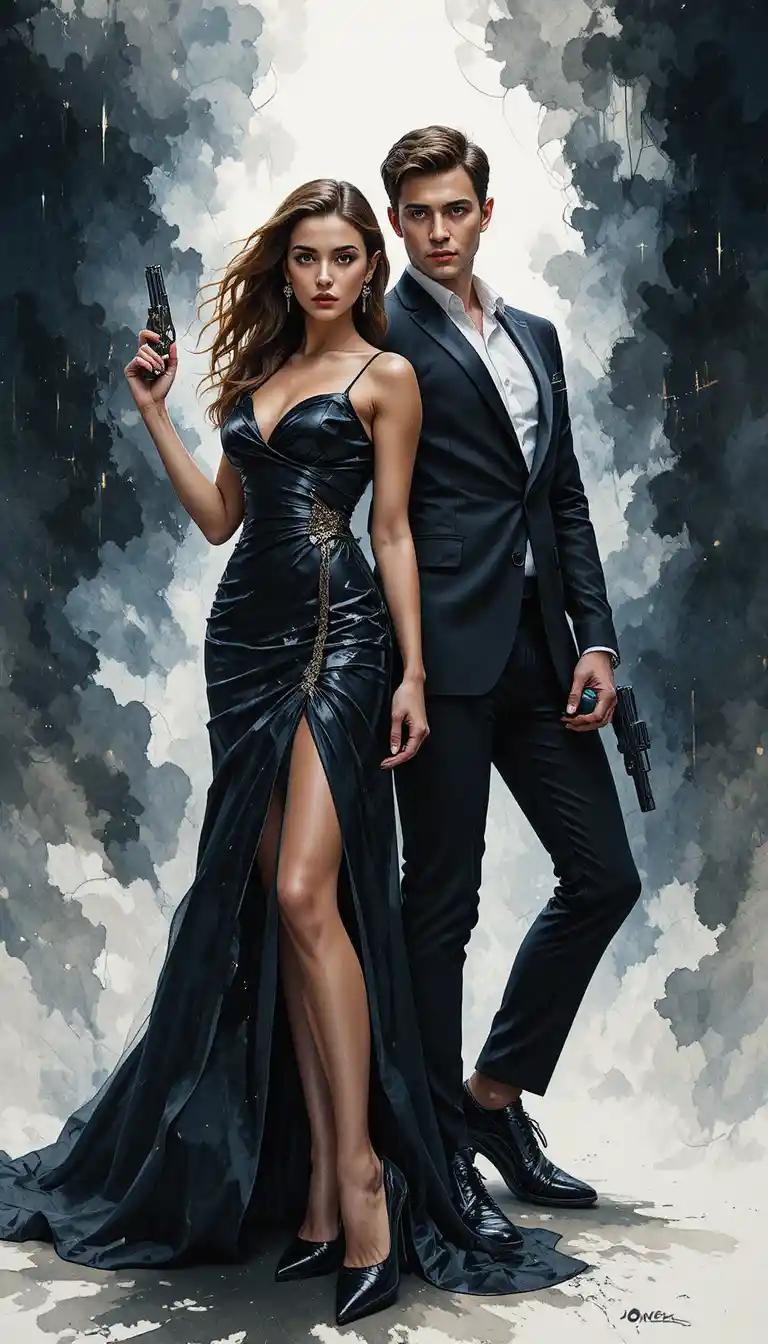 Elegant spy couple posing with silver handguns