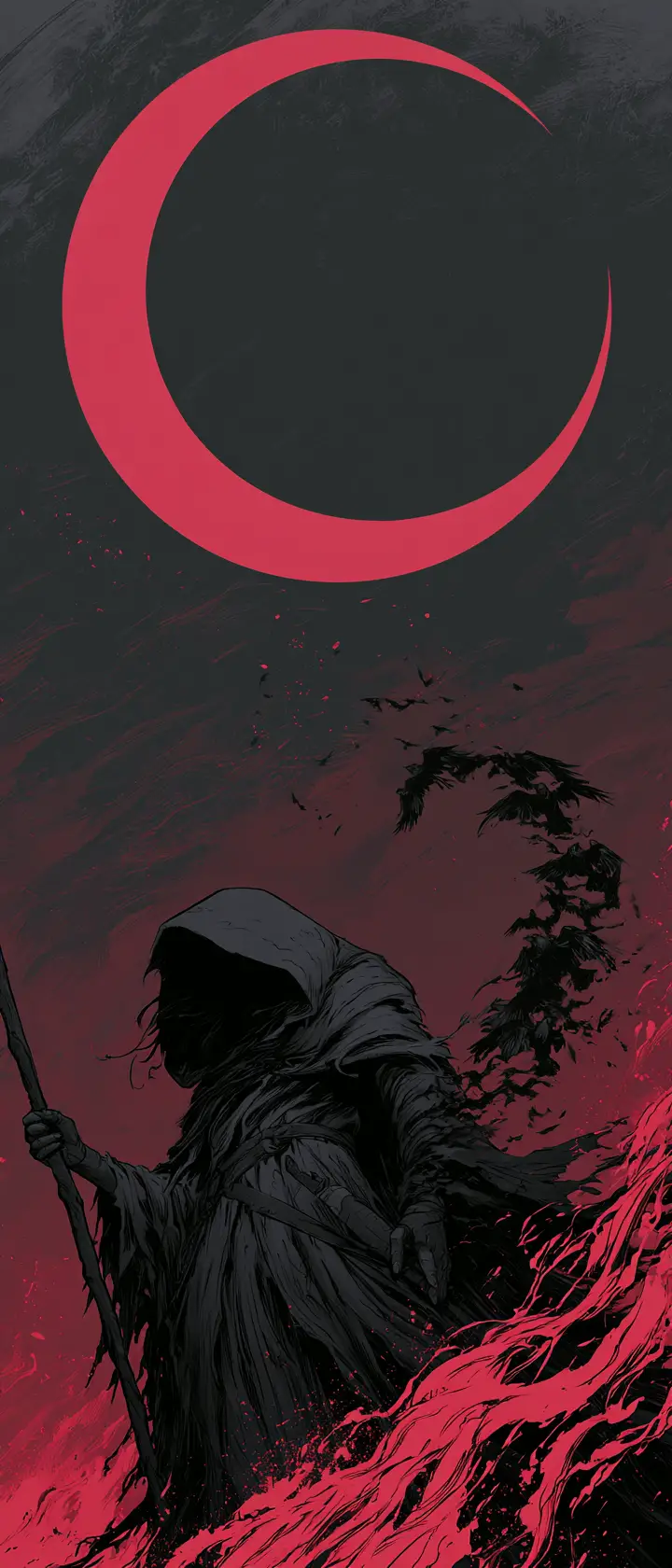 Hooded sorceress beneath a blood red crescent moon